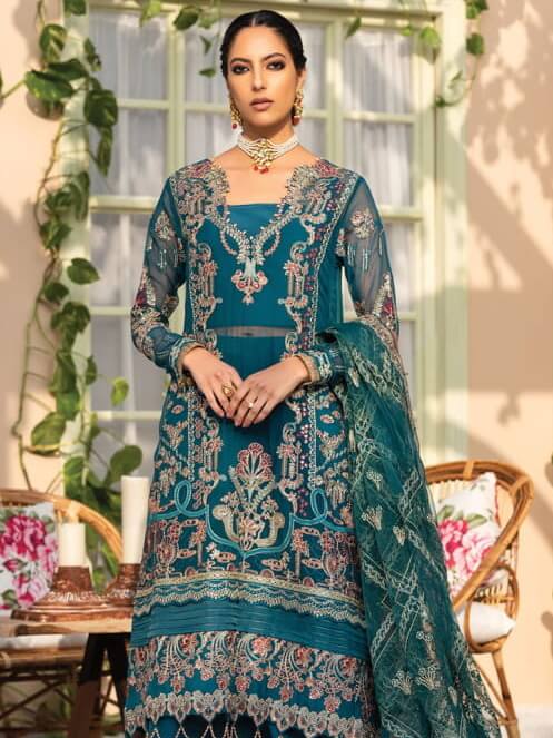 XENIA Formals Dareechay Embroidered Chiffon 3pc Suit 01-Firuzeh - FaisalFabrics.pk