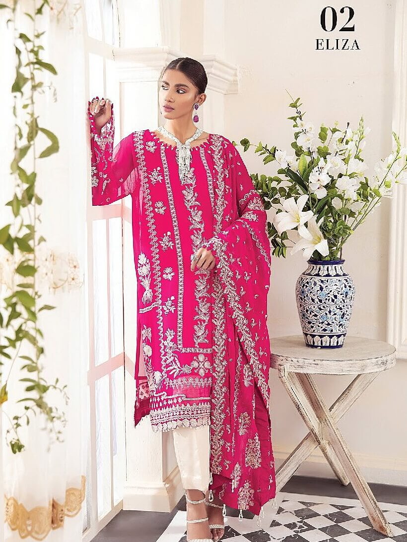 XENIA Formals Pareesia Embroidered Chiffon Unstitched 3Pc Suit 02-ELIZA - FaisalFabrics.pk