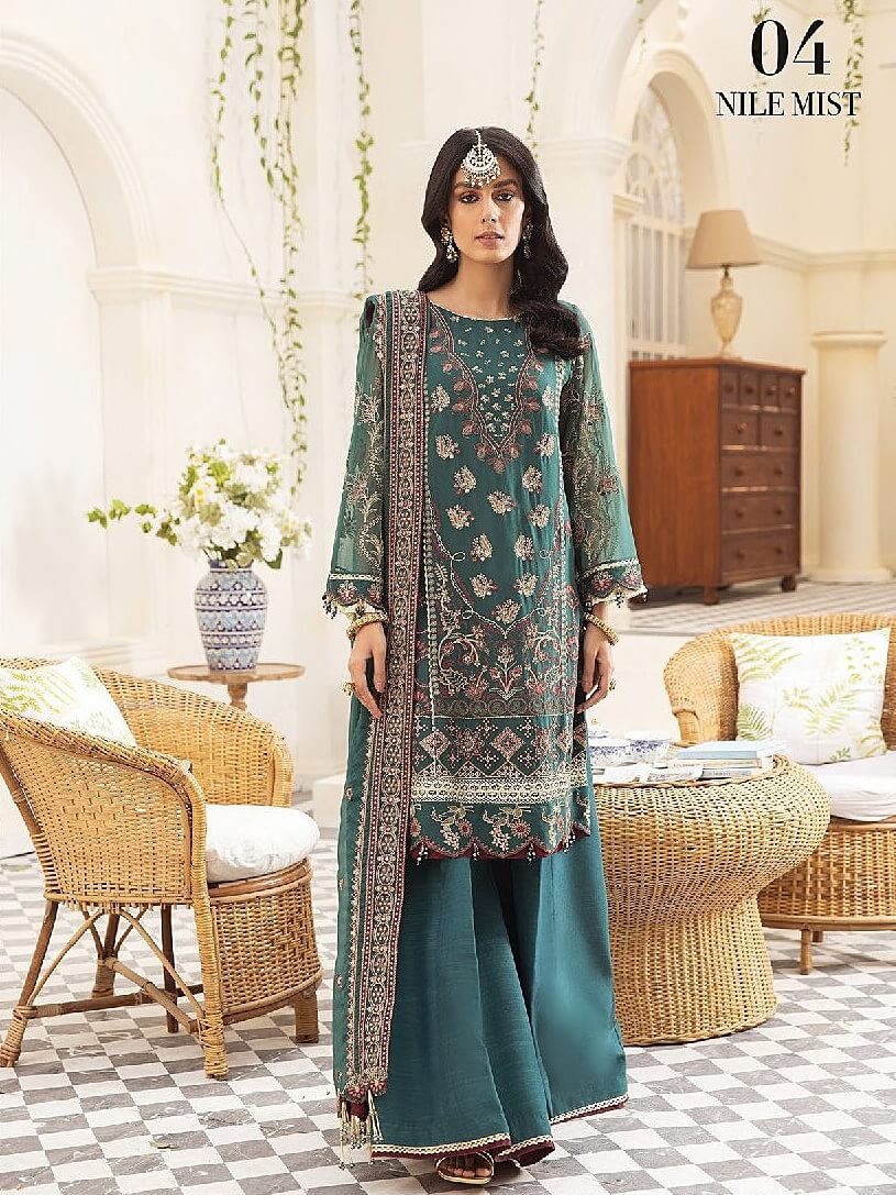 XENIA Formals Pareesia Embroidered Chiffon Unstitched 3Pc Suit 04-NILE MIST - FaisalFabrics.pk