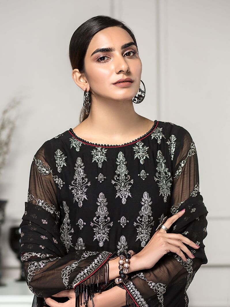 ZARIF Luxury Chiffon Collection Vol-2 Embroidered 3Pc Suit ZAR-05 Noire - FaisalFabrics.pk