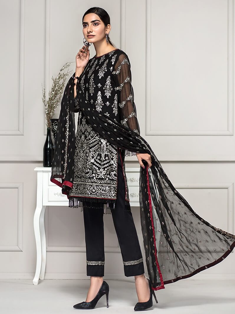ZARIF Luxury Chiffon Collection Vol-2 Embroidered 3Pc Suit ZAR-05 Noire - FaisalFabrics.pk