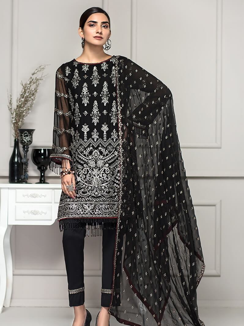 ZARIF Luxury Chiffon Collection Vol-2 Embroidered 3Pc Suit ZAR-05 Noire - FaisalFabrics.pk