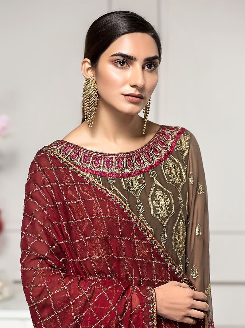 ZARIF Luxury Chiffon Collection Vol-2 Embroidered 3Pc Suit ZAR-04 Olive - FaisalFabrics.pk