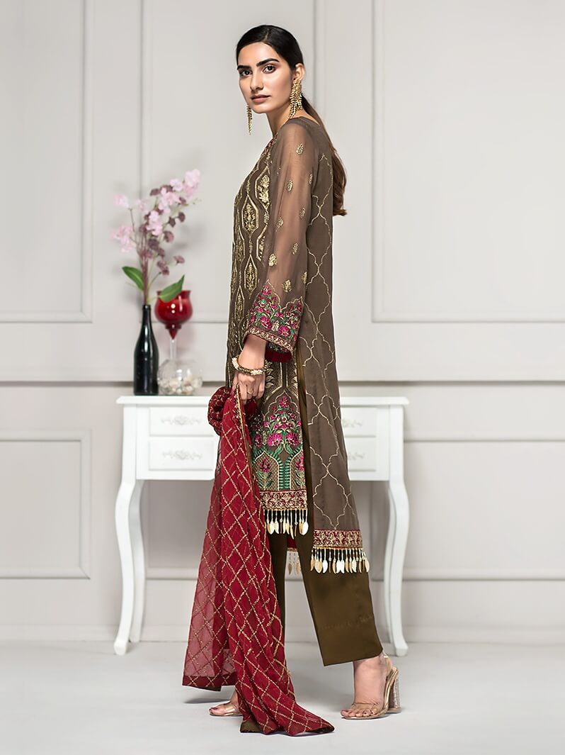 ZARIF Luxury Chiffon Collection Vol-2 Embroidered 3Pc Suit ZAR-04 Olive - FaisalFabrics.pk