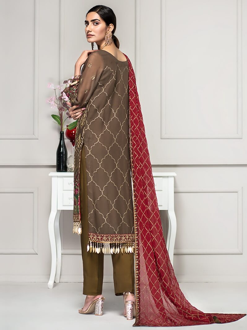 ZARIF Luxury Chiffon Collection Vol-2 Embroidered 3Pc Suit ZAR-04 Olive - FaisalFabrics.pk