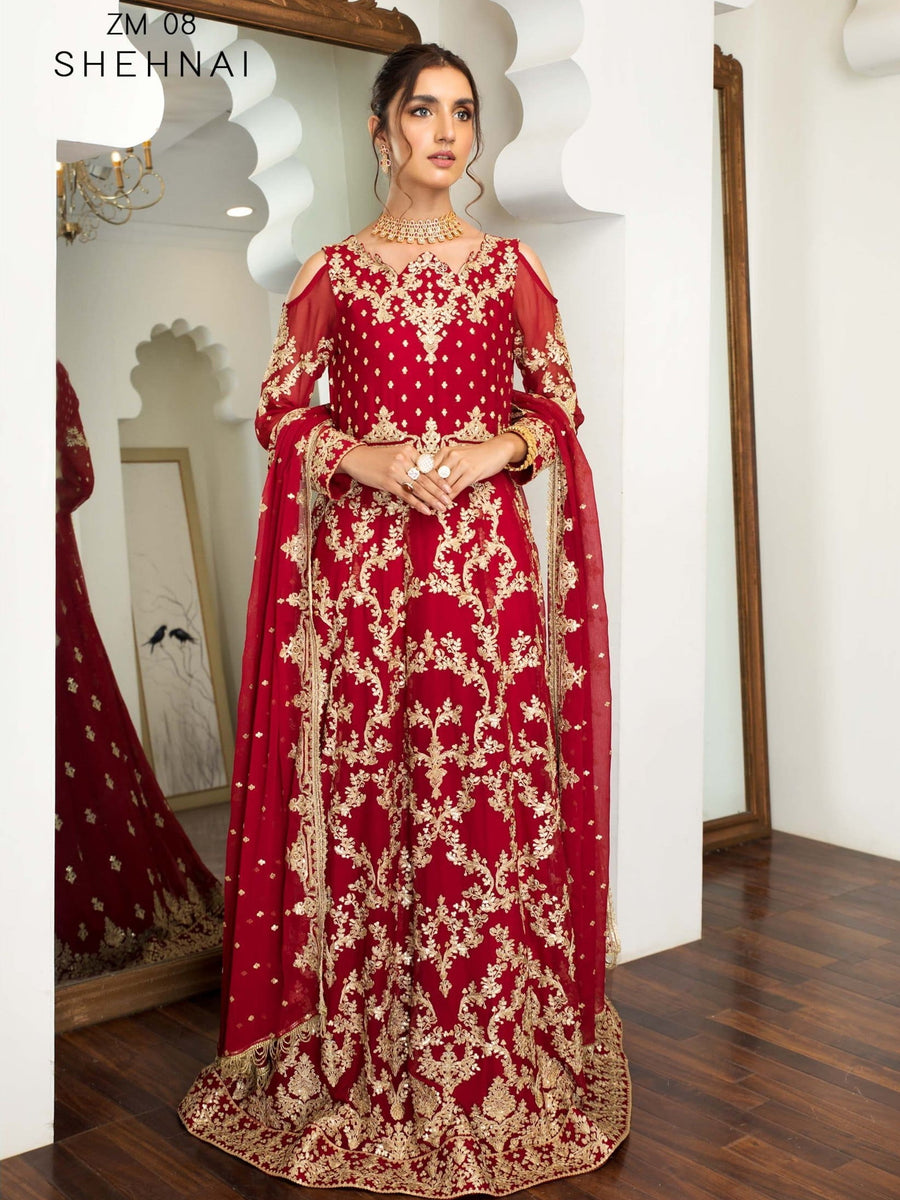 Mehakmah by Zarif Luxury Chiffon Unstitched 3Pc Suit ZM-08 SHEHNAI - FaisalFabrics.pk