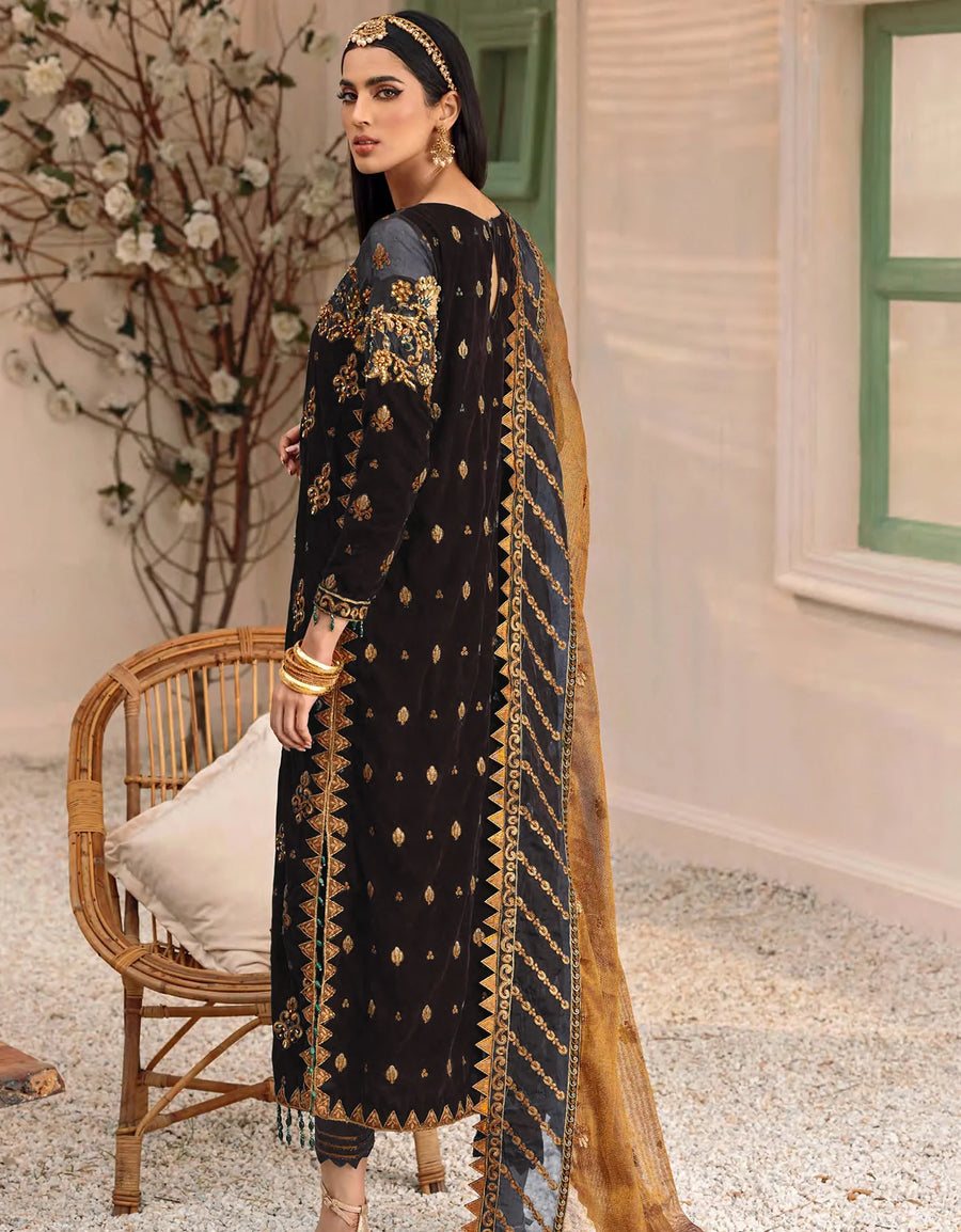 Emaan Adeel Makhmal Unstitched Luxury Velvet 3Pc Suit MK-305 Brown