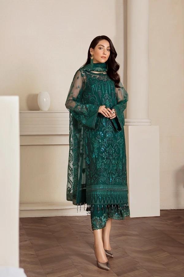 Baroque Embroidered Net Unstitched 3 Piece Suit Forest Green - FaisalFabrics.pk