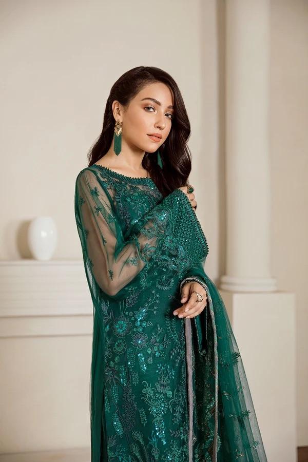 Baroque Embroidered Net Unstitched 3 Piece Suit Forest Green - FaisalFabrics.pk