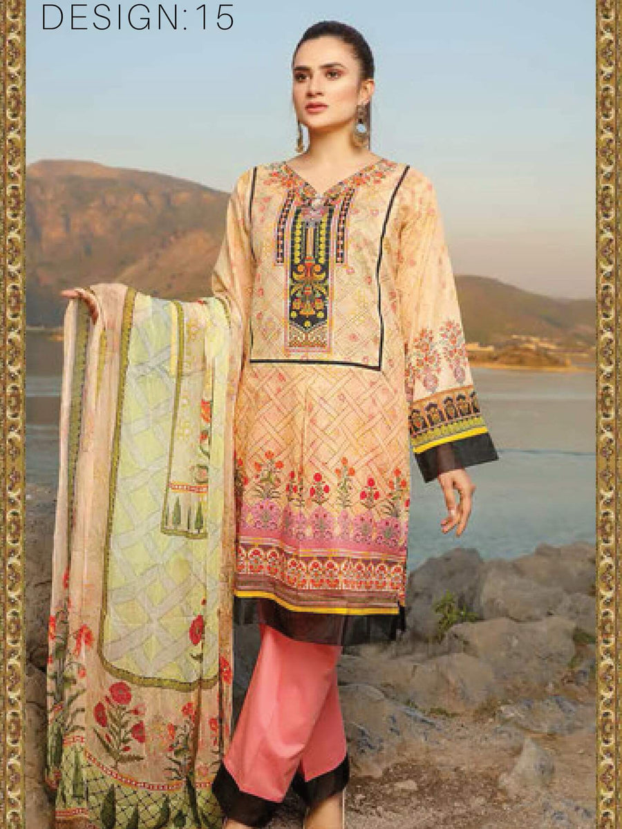 Shazmeen Printed Lawn Collection 3PC lawn Print Suit D-15 - FaisalFabrics.pk